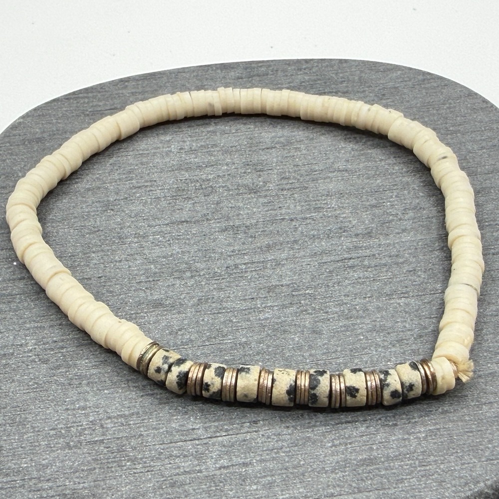 Cream Heishi Bead Bracelet Mottled Stone Look Copper Tone Boho Tribal 7 Inch